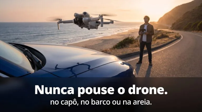 Drone DJI Mini 4 Pro pairando sobre o capô curvo de um carro em uma estrada na praia