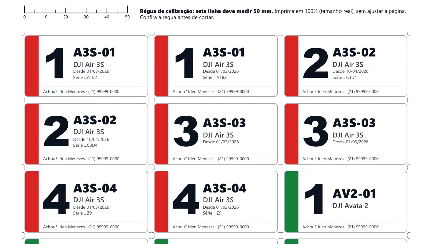 Folha A4 gerada pela ferramenta com régua de 50 mm e etiquetas de bateria numeradas, com faixa na cor da aeronave