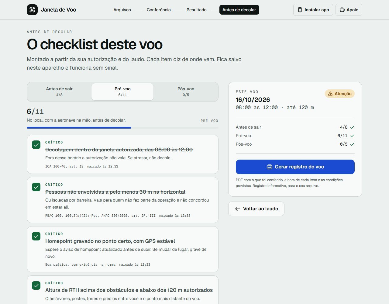 Etapa Antes de decolar da Janela de Voo no desktop, com a aba Pré-voo aberta, itens críticos marcados e o painel do voo com o botão Gerar registro do voo