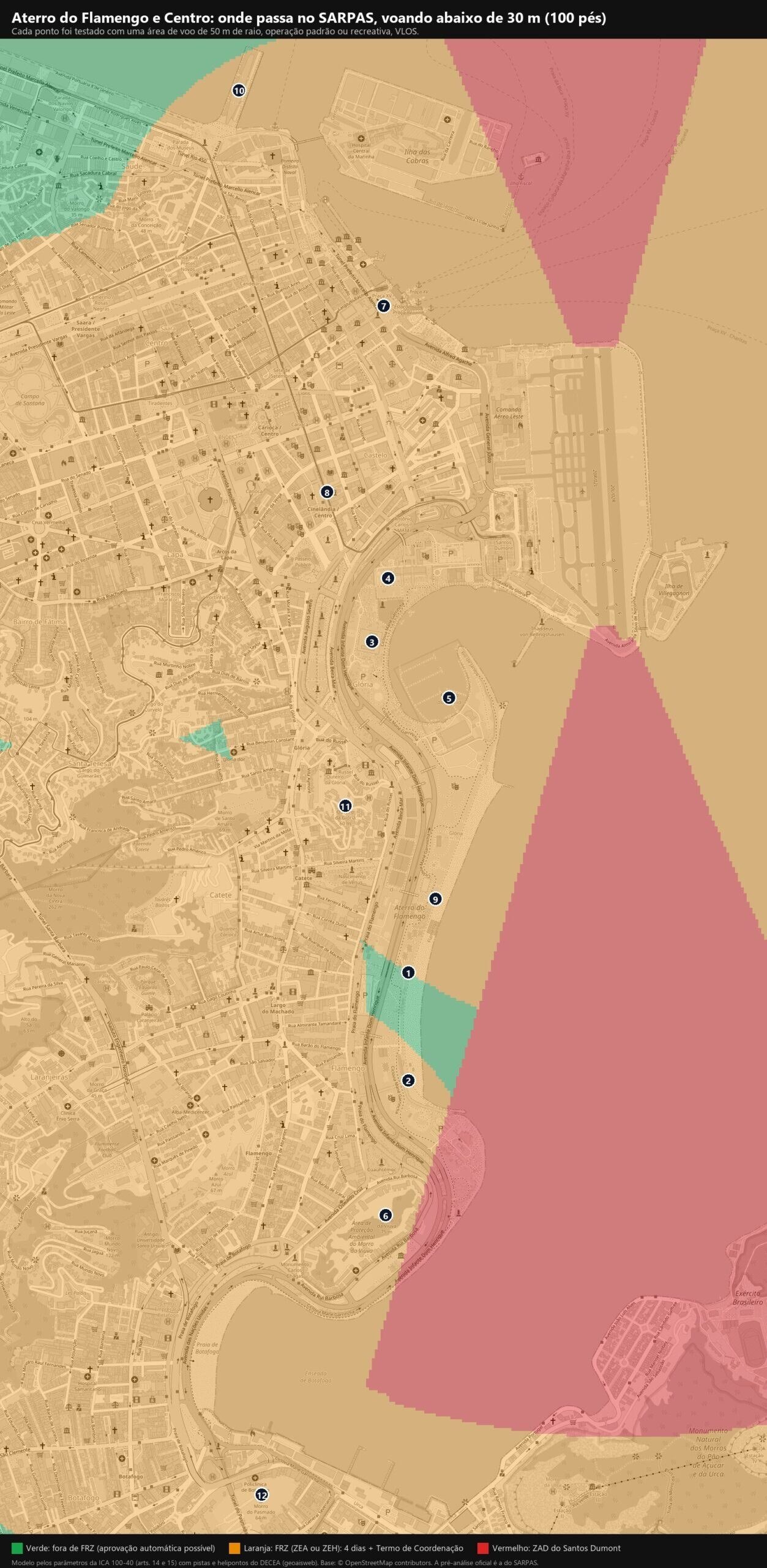 Mapa do Aterro do Flamengo e do Centro do Rio com as zonas FRZ e a ZAD do Santos Dumont em laranja e vermelho e o trecho livre do Posto 2 em verde, para voo abaixo de 30 metros