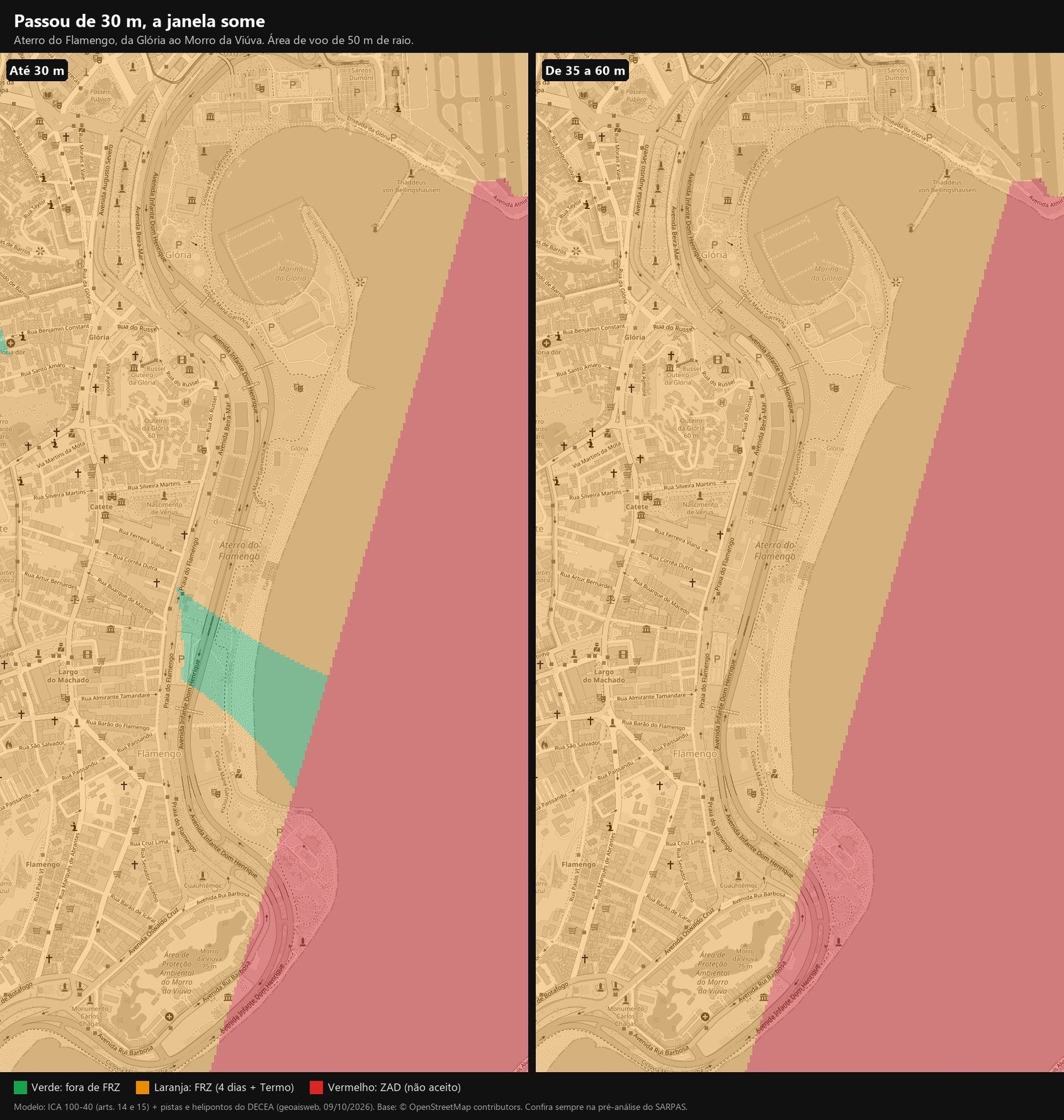 Dois mapas do Aterro do Flamengo lado a lado: abaixo de 30 metros há um trecho verde no Posto 2; de 30 a 60 metros, tudo é FRZ