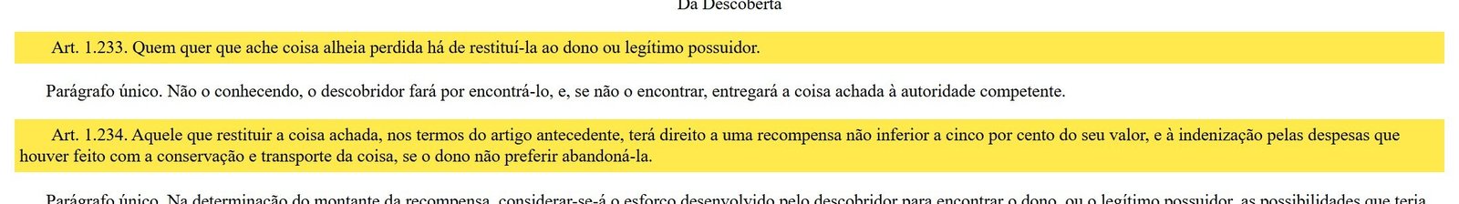 Trecho do Código Civil no site do Planalto com os artigos 1.233 e 1.234 sobre a coisa achada