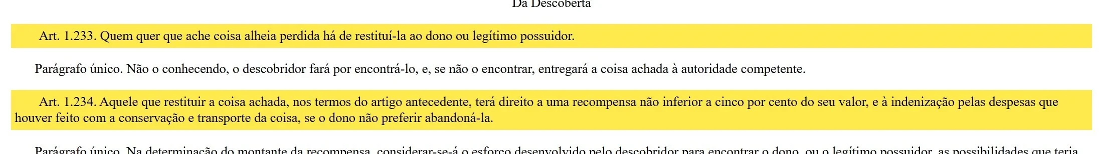 Trecho do Código Civil no site do Planalto com os artigos 1.233 e 1.234 sobre a coisa achada