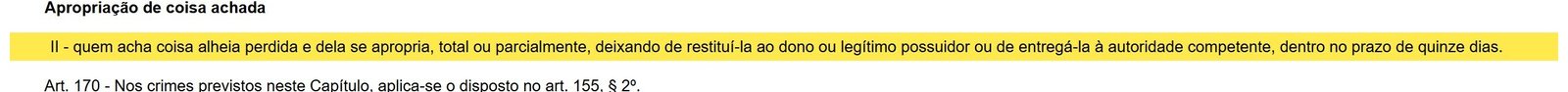 Trecho do Código Penal no site do Planalto com o crime de apropriação de coisa achada e o prazo de quinze dias