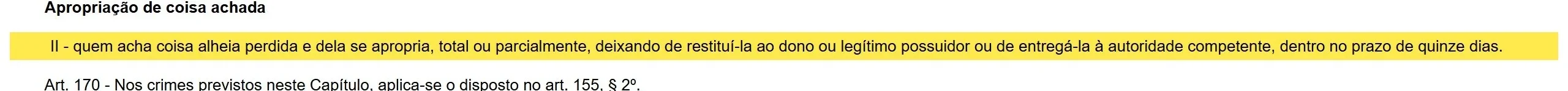 Trecho do Código Penal no site do Planalto com o crime de apropriação de coisa achada e o prazo de quinze dias