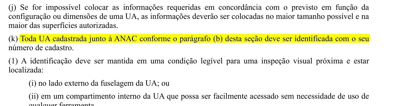 Seção 100.301 do RBAC 100 com a regra de identificação do drone cadastrado