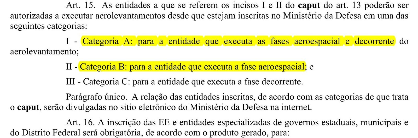 Artigo 15 da Portaria 3.703 com as categorias A, B e C de inscrição em aerolevantamento
