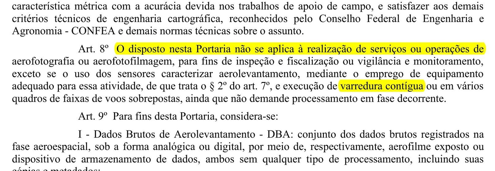 Artigo 8º da Portaria 3.703 do Ministério da Defesa com o trecho que separa aerofotografia de aerolevantamento