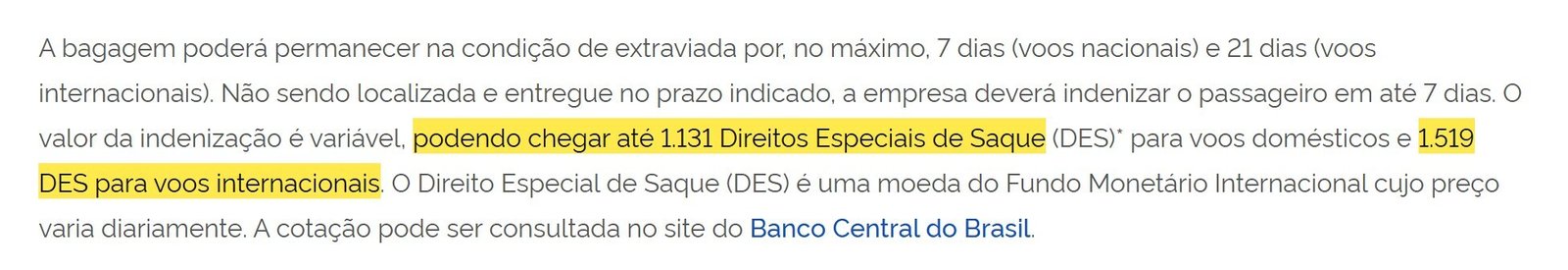 Página de bagagem da ANAC com os limites de 1.131 DES e 1.519 DES marcados