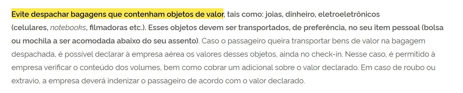 Página de bagagem da ANAC recomendando evitar despachar objetos de valor como eletroeletrônicos