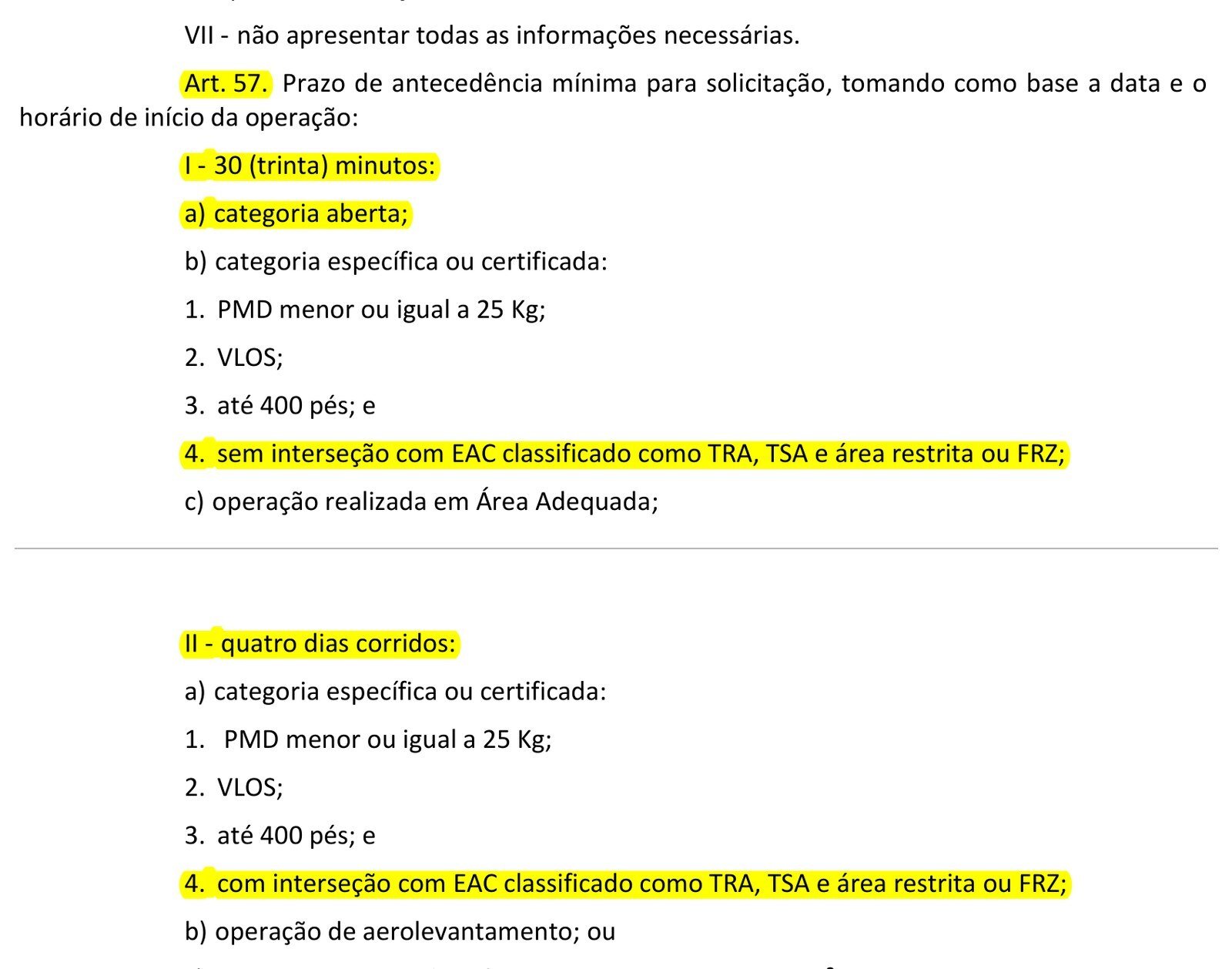 Artigo 57 da ICA 100-40 com os prazos de 30 minutos sem FRZ e de quatro dias com interseção com FRZ marcados