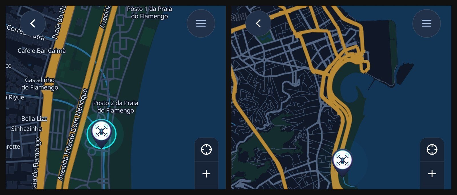 Duas telas do SARPAS Lite com o ponto marcado no Posto 2 da Praia do Flamengo, em zoom aproximado e afastado