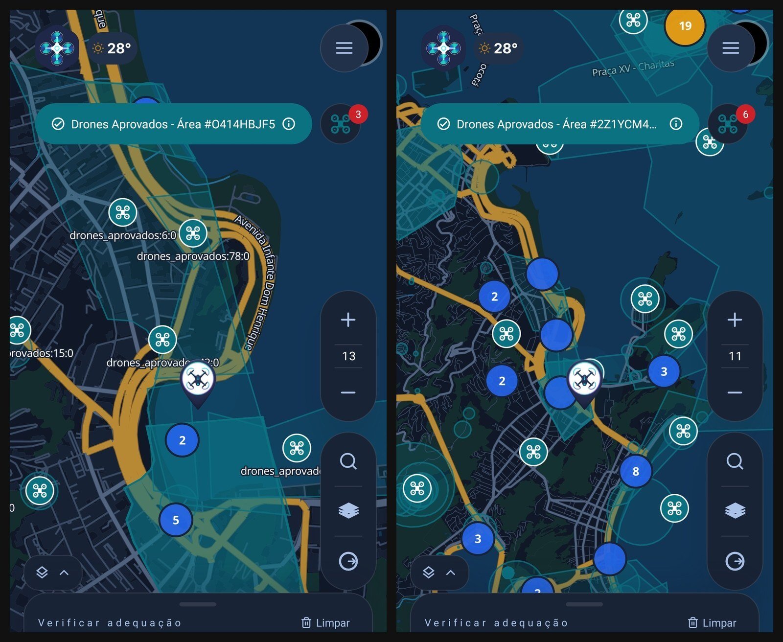 Telas do SARPAS Lite com a função Verificar adequação, opções GPS, Toque e Área e a camada de drones aprovados sobre o Aterro e o Centro
