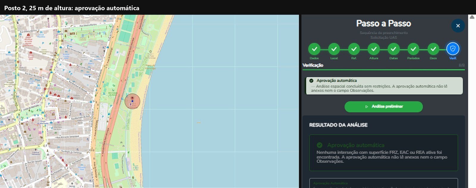 Assistente do SARPAS com o círculo de voo no Posto 2 da Praia do Flamengo e o resultado aprovação automática a 25 metros