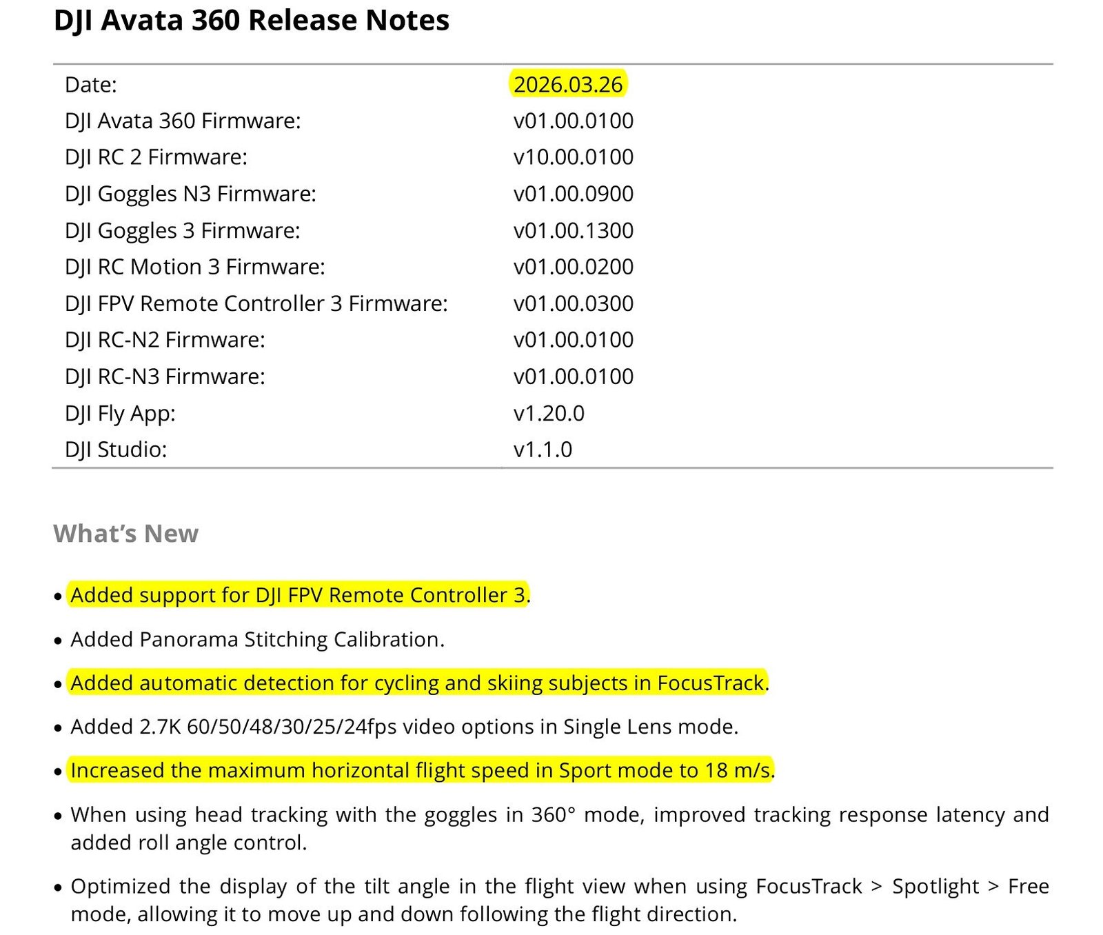 Página da nota oficial da DJI com a versão v01.00.0100 do Avata 360 e as novidades marcadas