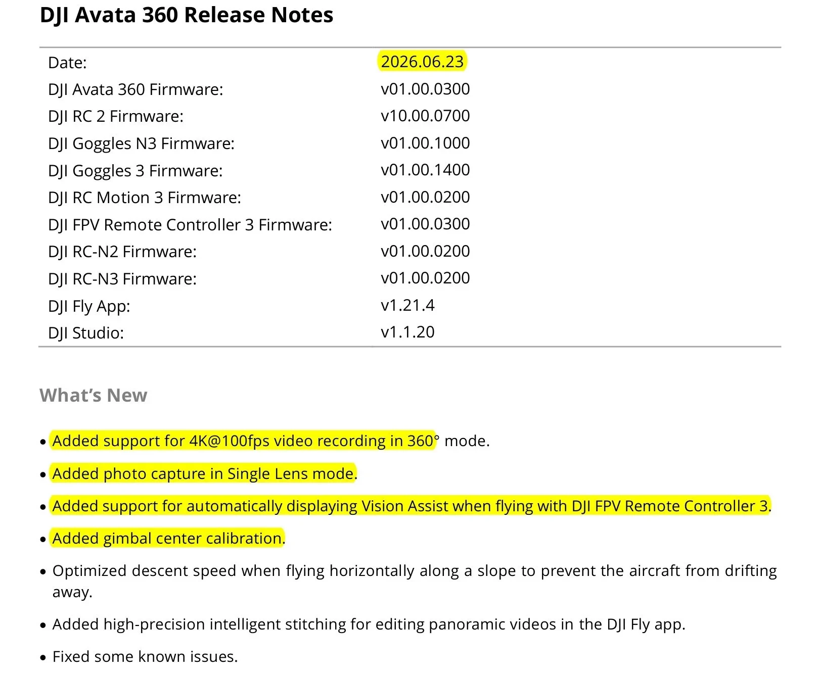 Página da nota oficial da DJI com a versão v01.00.0300 do Avata 360 e as novidades marcadas