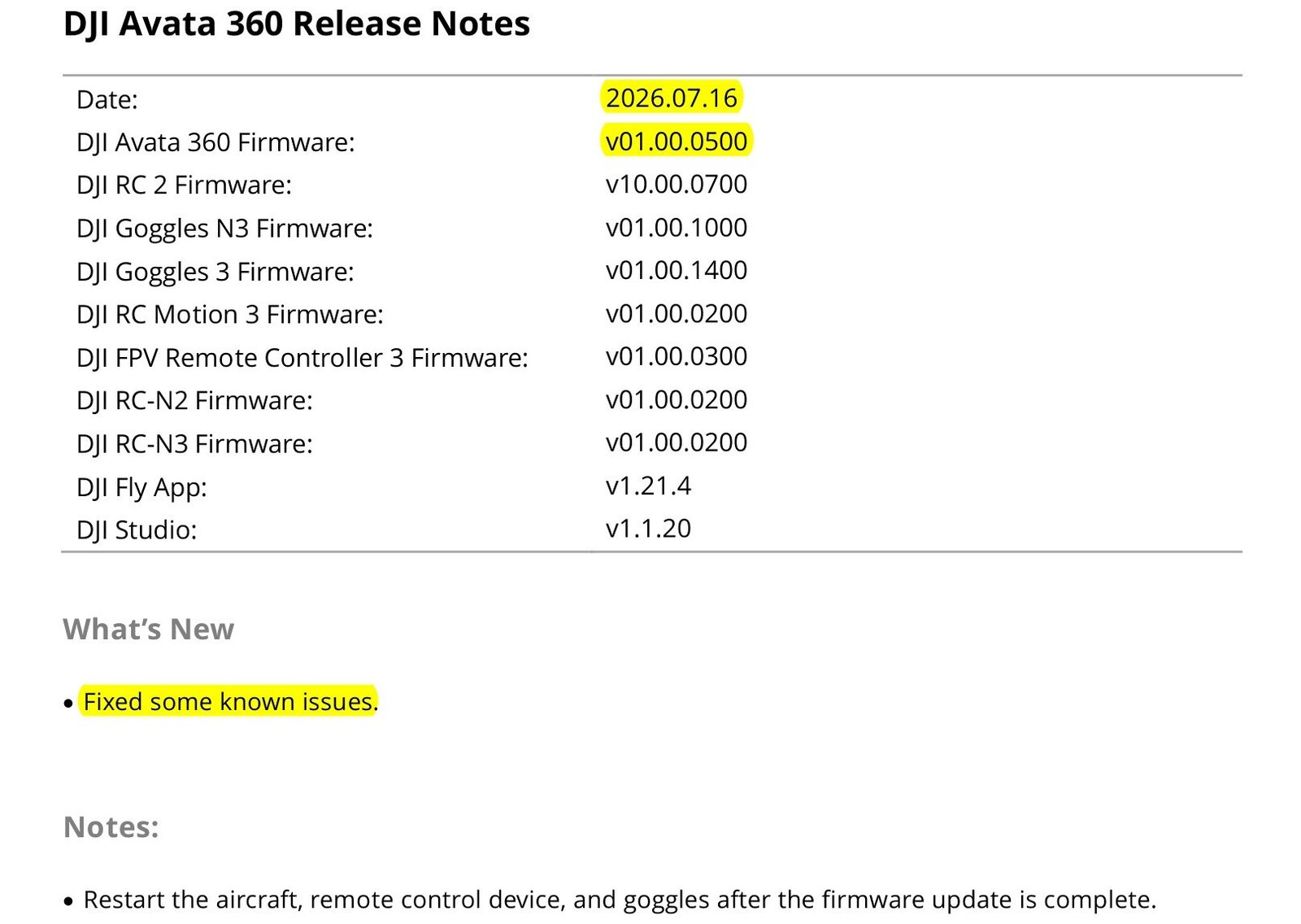 Página da nota oficial da DJI com a versão v01.00.0500 do Avata 360 e a linha Fixed some known issues marcada