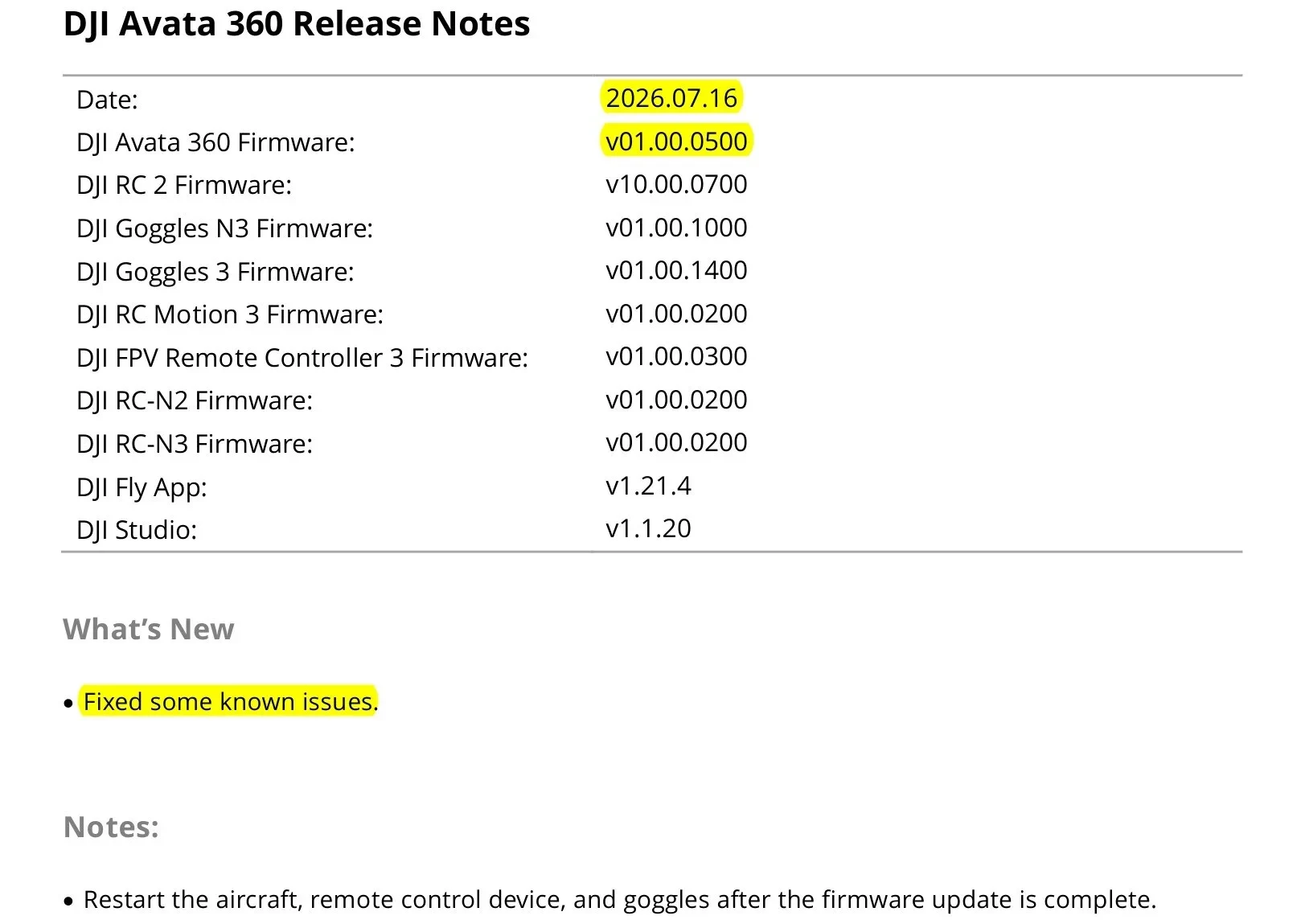 Página da nota oficial da DJI com a versão v01.00.0500 do Avata 360 e a linha Fixed some known issues marcada