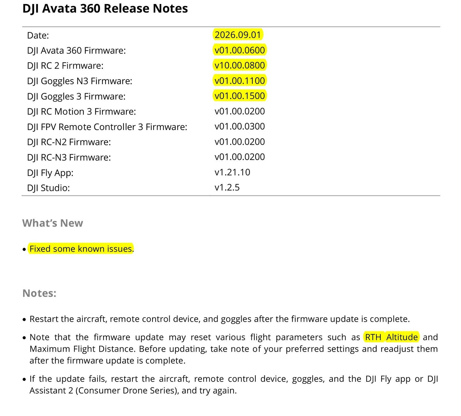 Primeira página da nota oficial da DJI com a versão v01.00.0600 do Avata 360 e as versões de óculos e controle marcadas