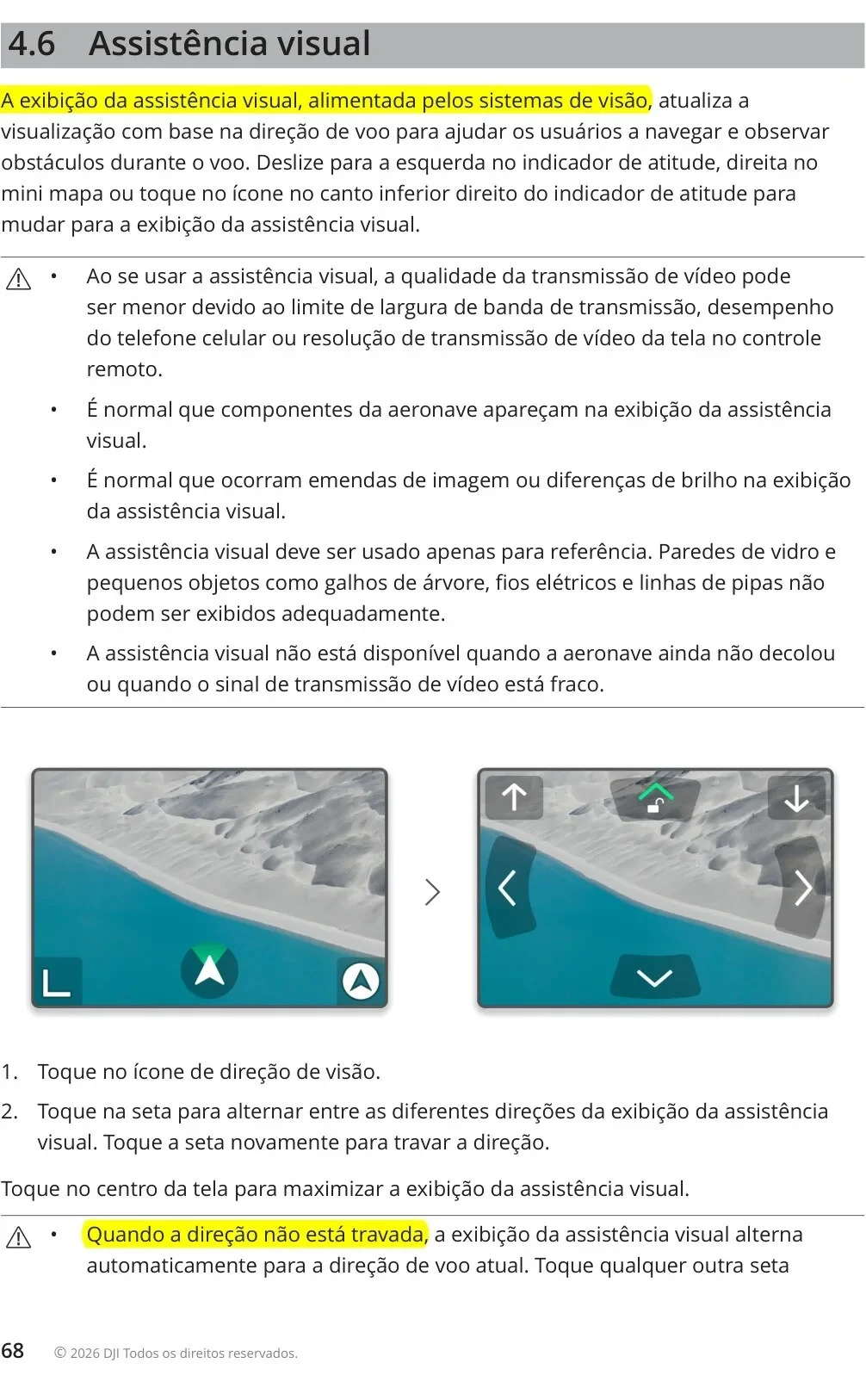 Trecho do manual do DJI Avata 360 em português sobre a assistência visual marcado