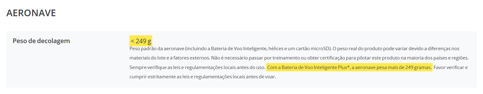 Ficha técnica do DJI Mini 4 Pro com o aviso de peso acima de 249 gramas com a bateria Plus marcado