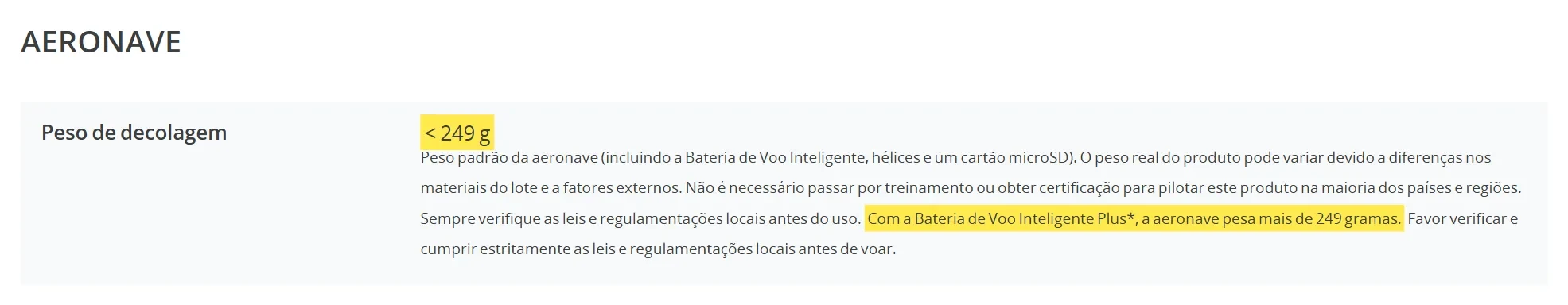 Ficha técnica do DJI Mini 4 Pro com o aviso de peso acima de 249 gramas com a bateria Plus marcado