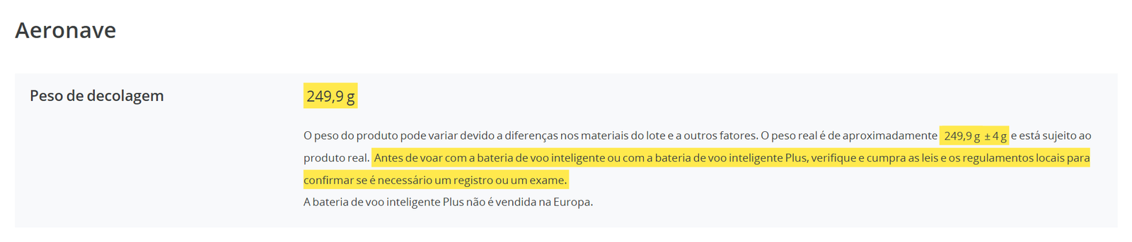 Ficha técnica do DJI Mini 5 Pro com o peso de decolagem e a tolerância marcados