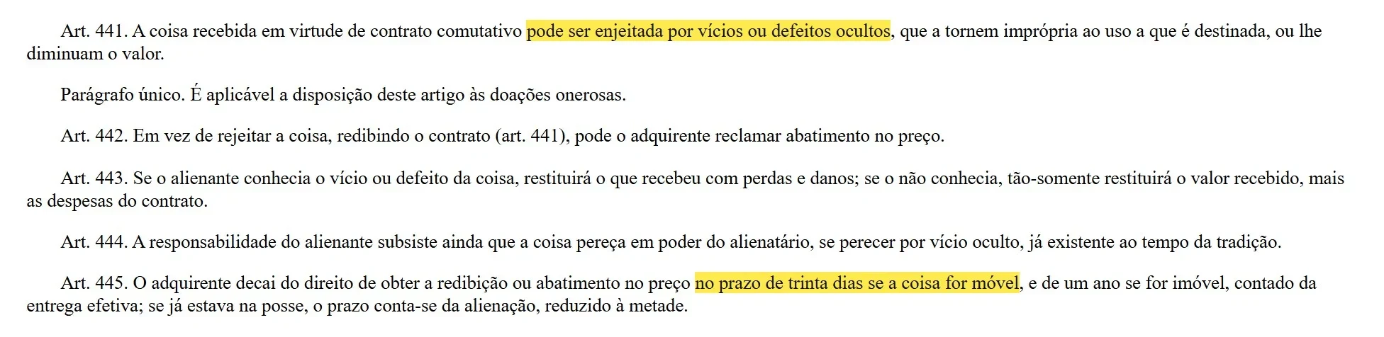 Artigos 441 a 445 do Código Civil sobre vício oculto com os trechos marcados