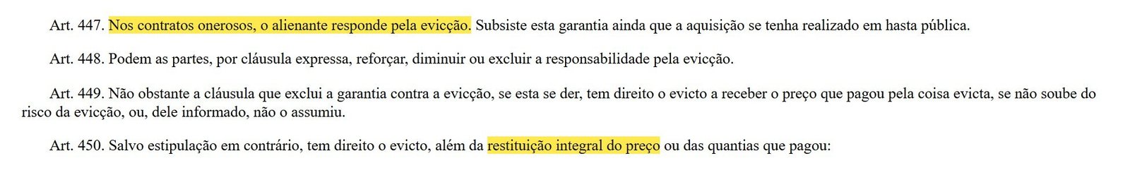 Artigos 447 a 450 do Código Civil sobre evicção com os trechos marcados
