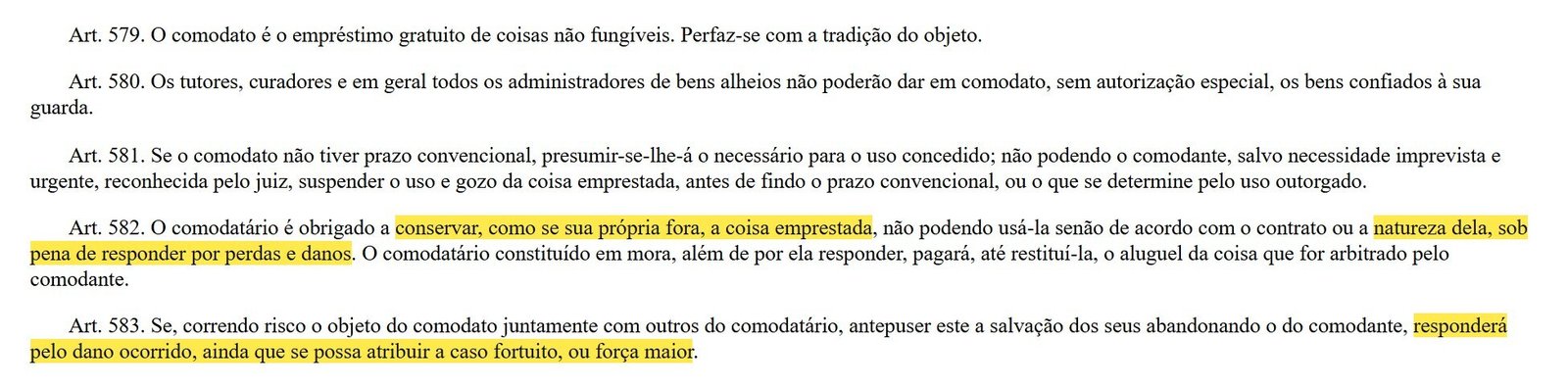 Artigos 579 a 583 do Código Civil sobre comodato com os trechos marcados
