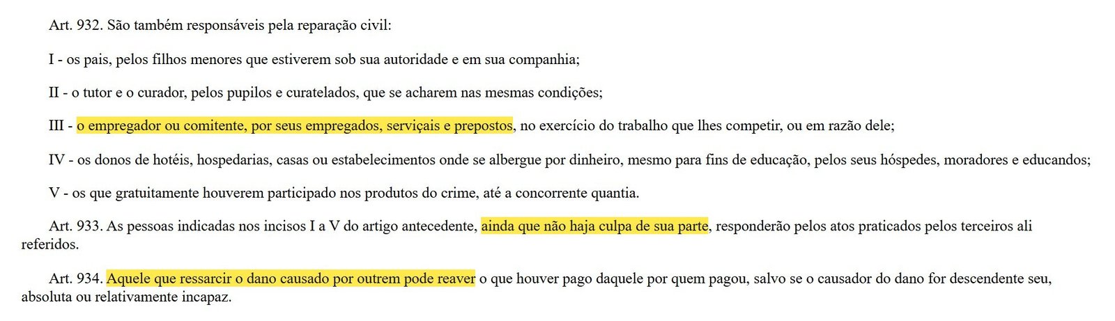 Artigos 932 a 934 do Código Civil sobre a responsabilidade do empregador marcados