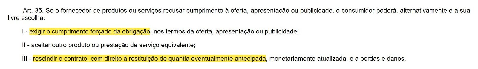 Artigo 35 do Código de Defesa do Consumidor sobre a recusa em cumprir a oferta marcado