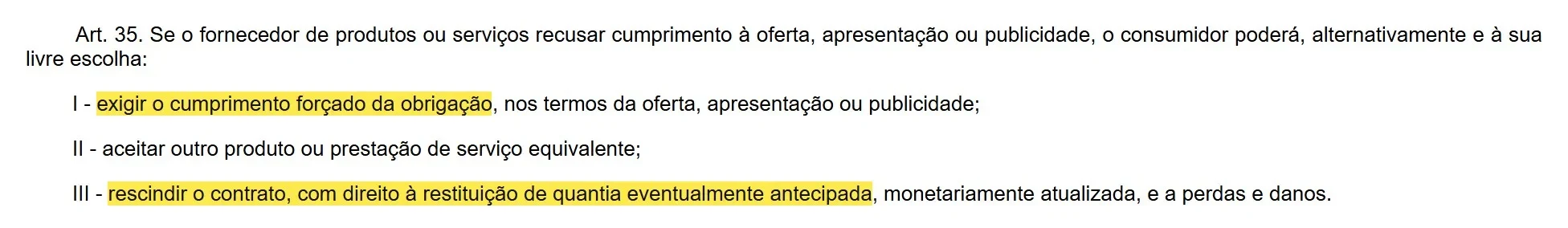 Artigo 35 do Código de Defesa do Consumidor sobre a recusa em cumprir a oferta marcado