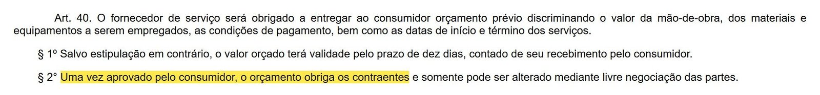 Artigo 40 do Código de Defesa do Consumidor sobre o orçamento aprovado marcado