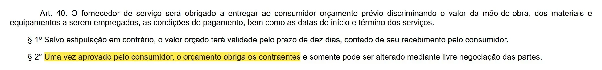 Artigo 40 do Código de Defesa do Consumidor sobre o orçamento aprovado marcado
