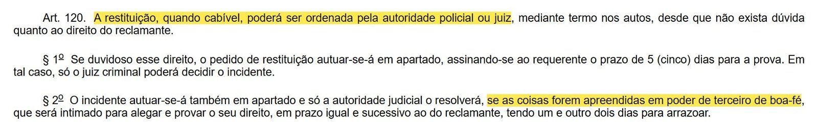 Artigo 120 do Código de Processo Penal sobre a restituição de coisas apreendidas marcado
