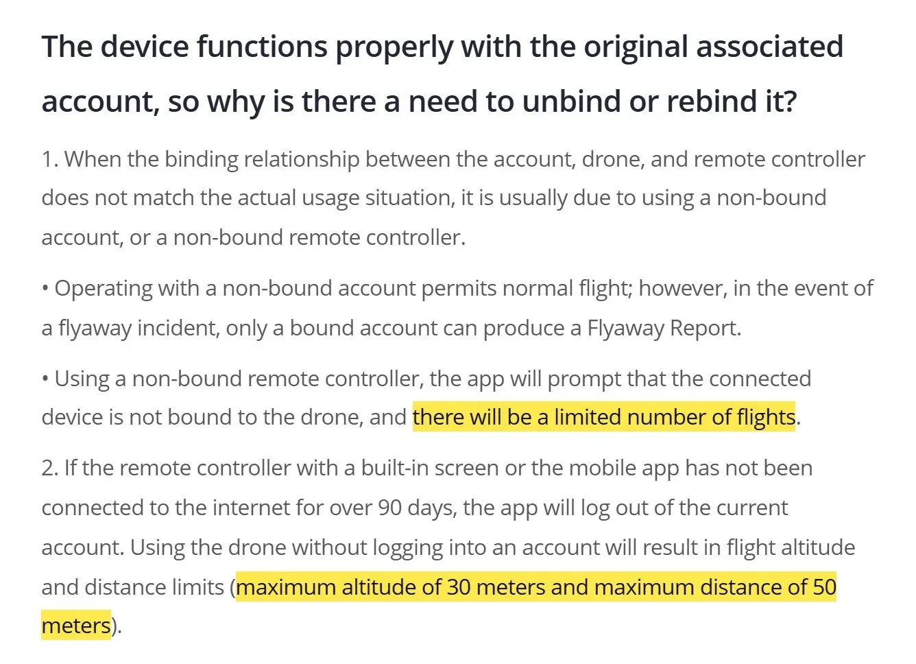 Trecho do artigo da DJI sobre voos limitados com controle não vinculado e o limite de 30 metros sem conta