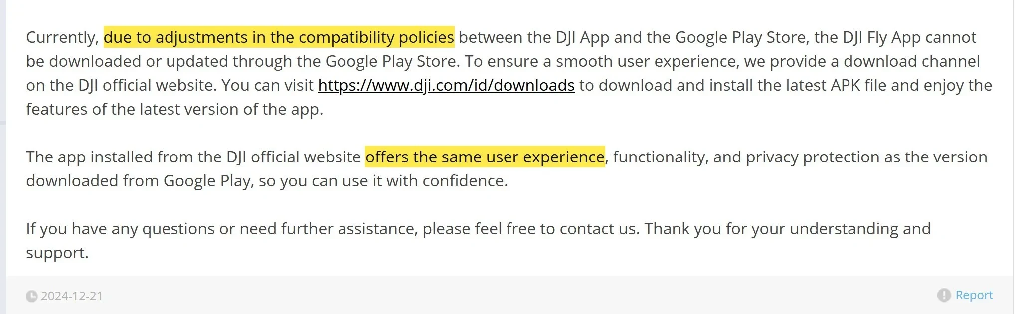 Resposta da equipe da DJI no fórum oficial sobre o DJI Fly fora da Google Play
