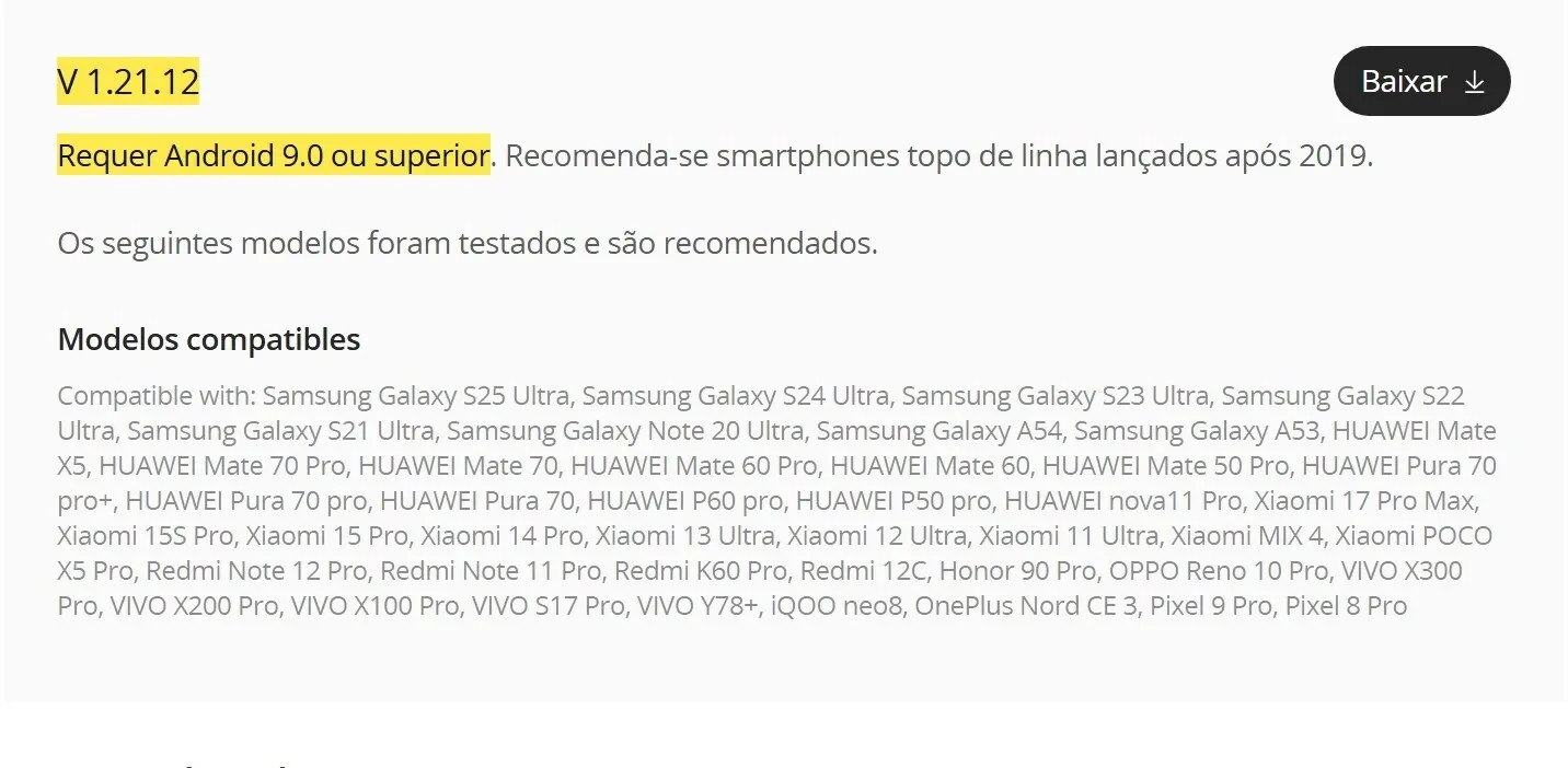Página oficial do DJI Fly com a versão e o requisito de Android marcados