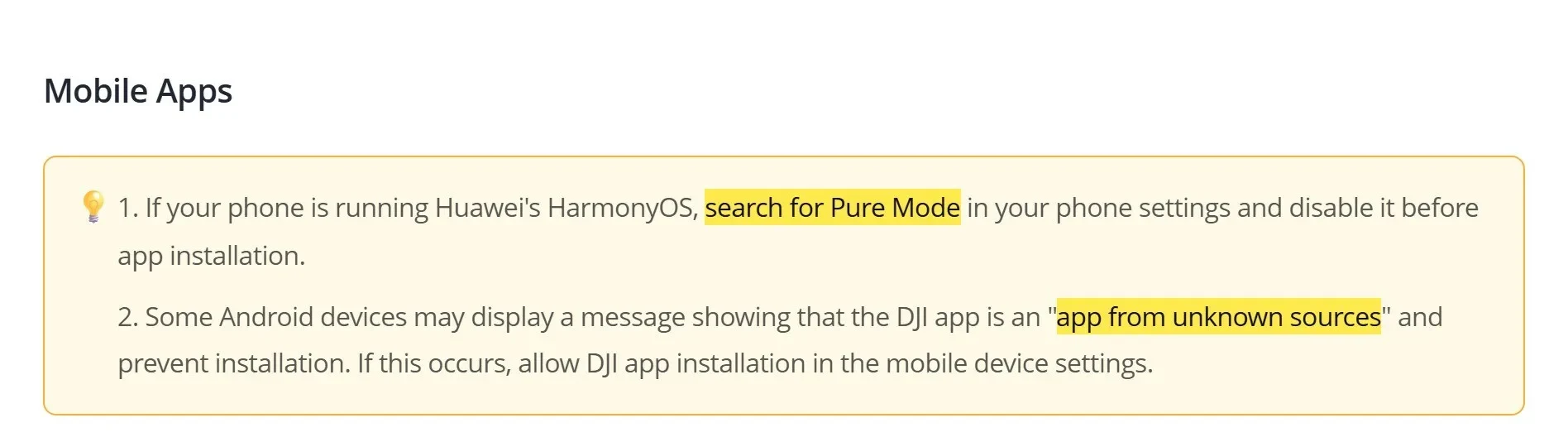 Artigo de suporte da DJI com as orientações de instalação no Android marcadas