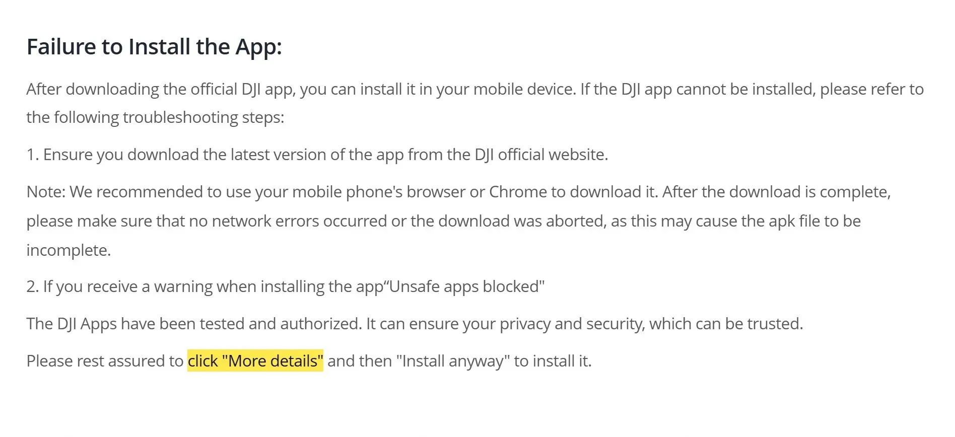 Artigo de suporte da DJI sobre falha de instalação com o passo do Play Protect marcado