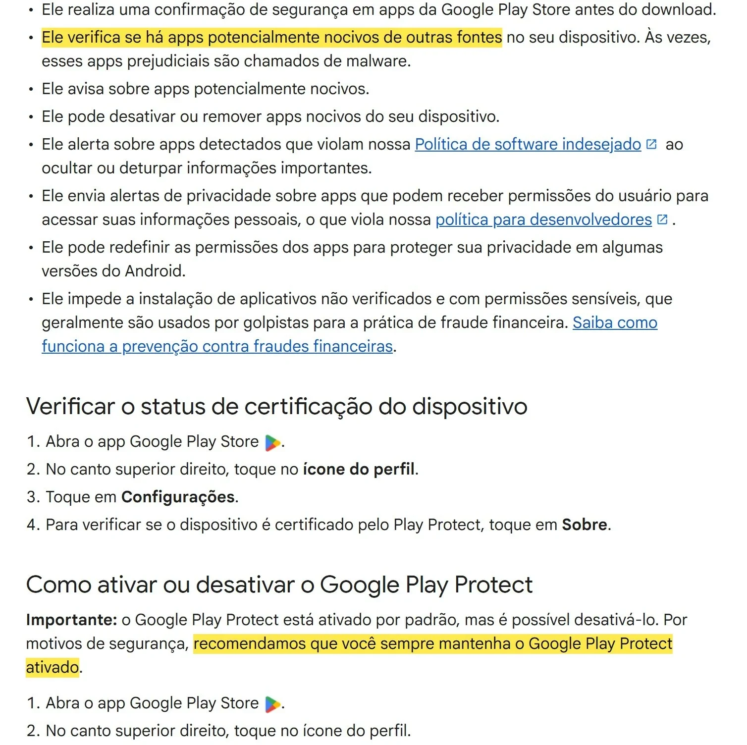 Página de ajuda do Google Play Protect com as frases sobre apps de outras fontes marcadas