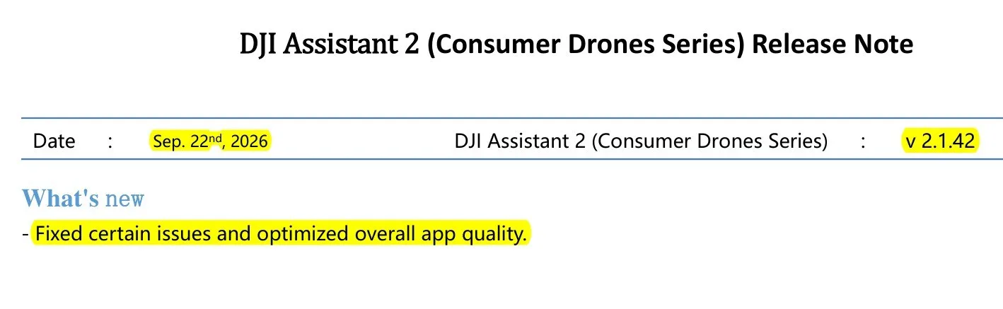 Nota de lançamento do DJI Assistant 2 versão 2.1.42 com a data marcada