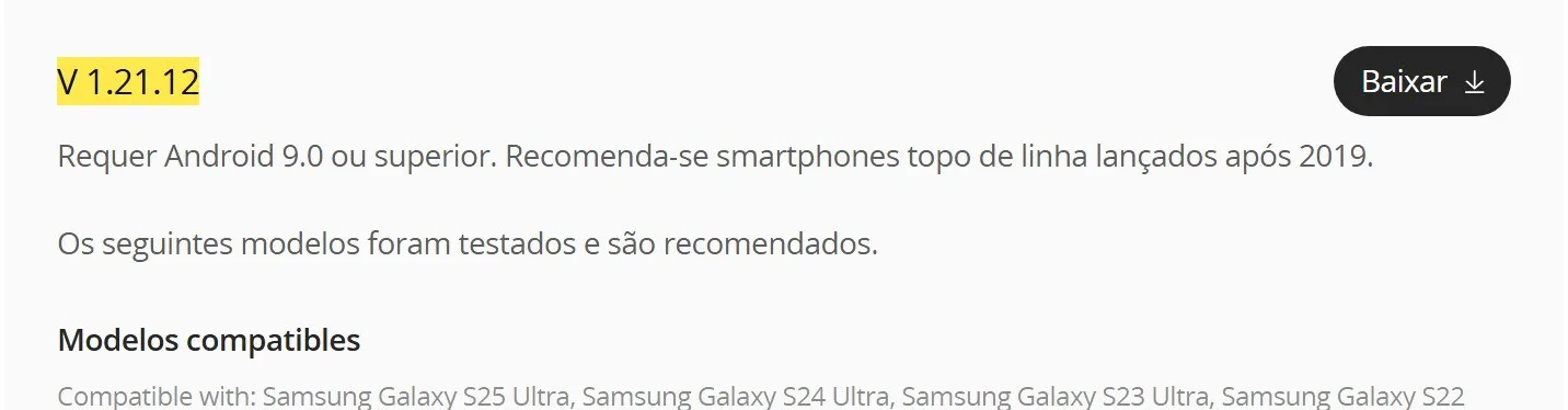 Página oficial do DJI Fly com a versão 1.21.12 para Android marcada