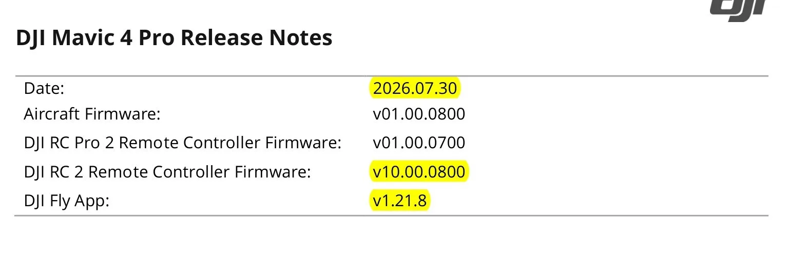 Nota de lançamento do DJI Mavic 4 Pro com a versão v10.00.0800 do RC 2 marcada