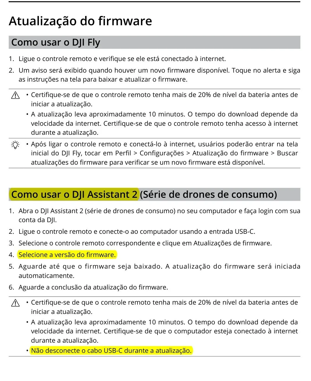 Trecho do manual do DJI RC 2 com o passo Selecione a versão do firmware marcado