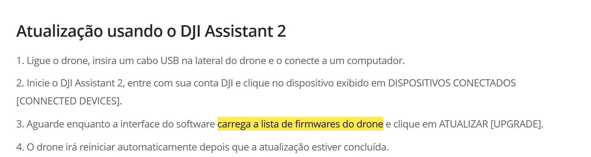 Artigo de suporte da DJI sobre atualização pelo DJI Assistant 2 com a lista de firmwares marcada