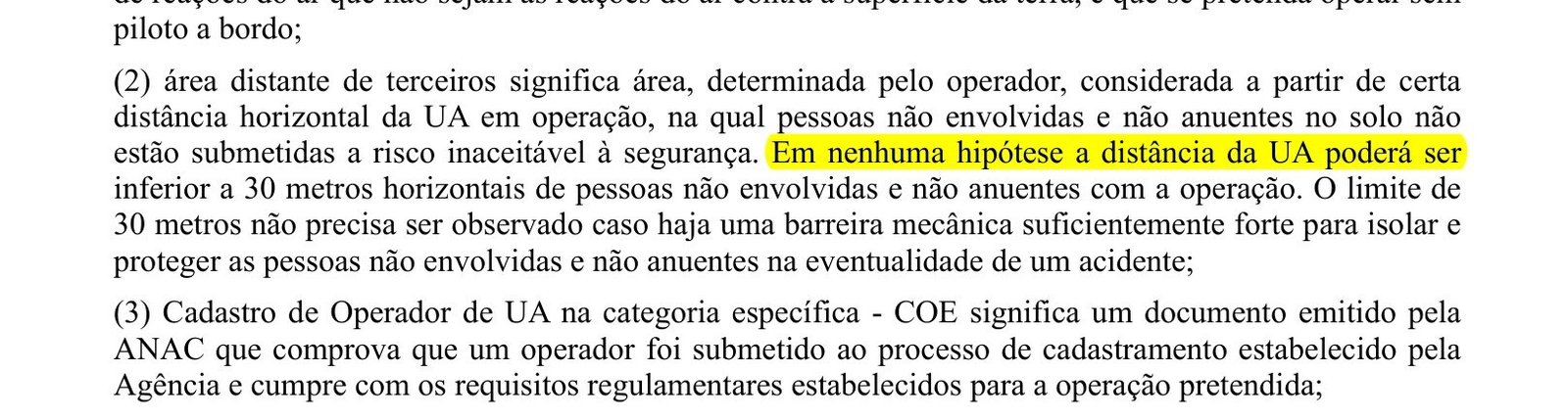 Definição de área distante de terceiros no RBAC 100 com o limite de 30 metros marcado