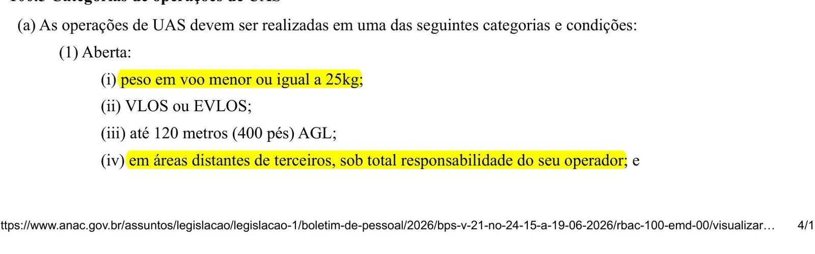 Item 100.5 do RBAC 100 com as condições da categoria aberta marcadas