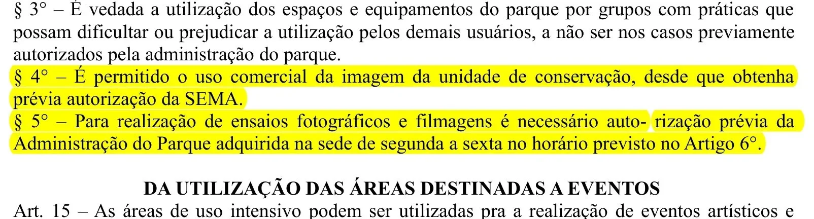 Artigo 14 do regulamento do Parque Estadual do Cocó sobre uso comercial da imagem e filmagem marcado
